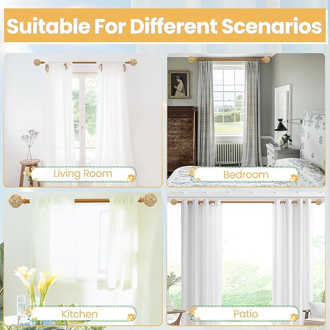 1 Inch Wood Curtain Rod For Windows 66 to 120 Inches, Heavy-Duty Adjustable Decorative Imitation Wood Grain Boho Curtain Rod With Rattan Leaf Hollow Finials For Bedroom 、 Living Room and Famhouse