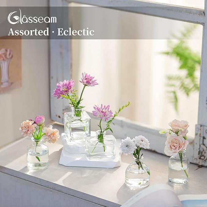 Glasseam Mini Glass Bud Vases: Small Clear Vases for Centerpieces Cute Tiny Flower Vase Set of 10 for Flowers Modern Centerpiece Decor for Wedding Party Dining Room Decoration