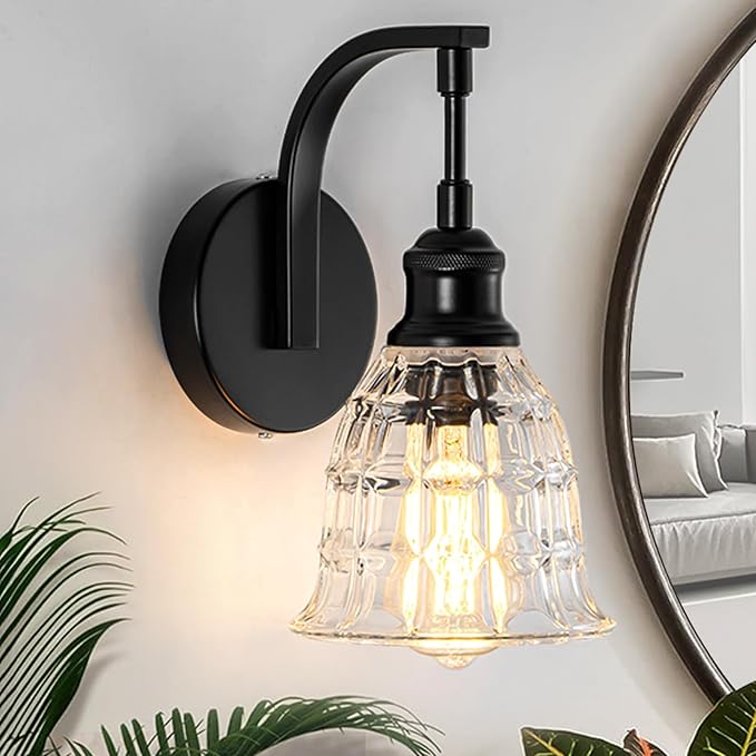Blck Wall Sconce, Modern Matte Black Sconces Wall Lighting, Vintage Glass Light Fixtures, Indoor Wall Lamps for Bathroom Vanity Mirror Living Room Bedroom Kitchen Hallway Stairway E26 Hardwire