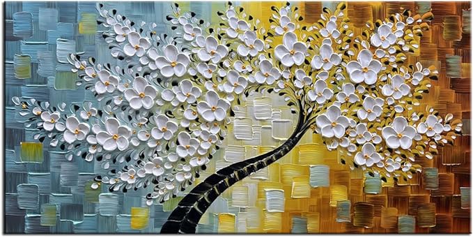 YaSheng Art -100% HandPainted Oil Painting On Canvas Texture White 3D Flower Tree Paintings Abstract Canvas Wall Art Home Bedroom Dining Room Living Room Modern Wall Decor Art Ready to hang 24x48inch
