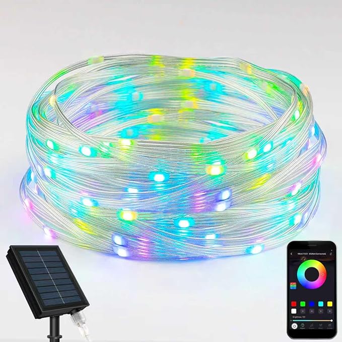 LED Outdoor Solar String Lights, 33FT 100 RGB LEDS, Solar Christmas Lights IP65, Supports APP/Music/8 Modes, Solar Outdoor String Lights for Patios, Gardens, Trees, Christmas Indoor Decorations