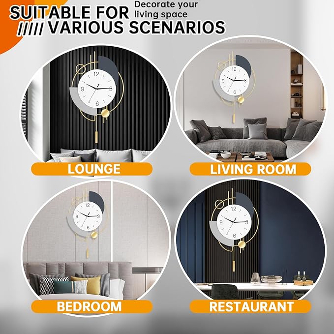 Wall Clock,Silent Quality Quartz Battery Operated with Pendulum, Large Wall Clocks for Living Room, Kitchen, Home, Bathroom, Bedroom Wall Decor, 20x33.5inch(Golden)