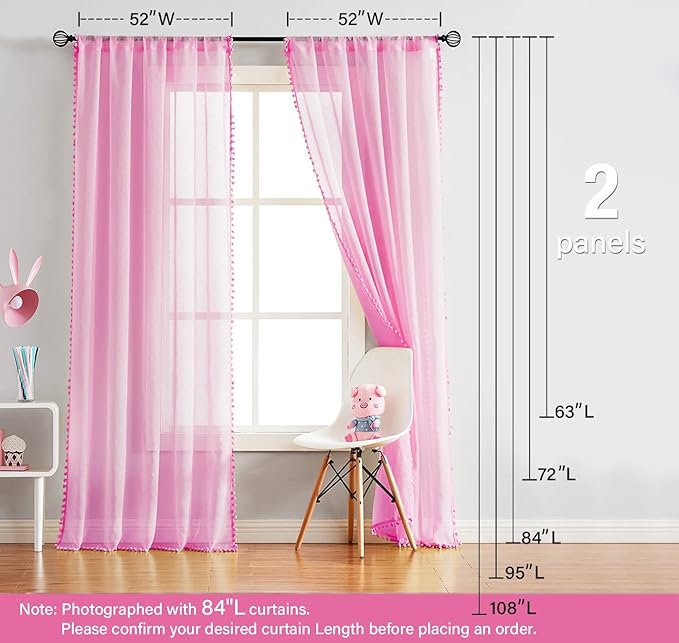Treatmentex Pink Sheer Curtains for Girls-Room 108inch Long Window Drapes with Cute Pom Pom Design for Salson Party Ceremony Birthday Décor 52" w X 2 Pack