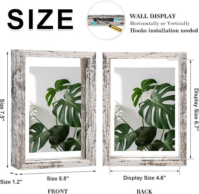 Egofine Distressed White 5x7 Floating Frames Set of 2, Double Plexiglass Picture Frame, Made of Solid Wood Display Any Size Photo up to 5x7, Wall Mount or Tabletop Standing