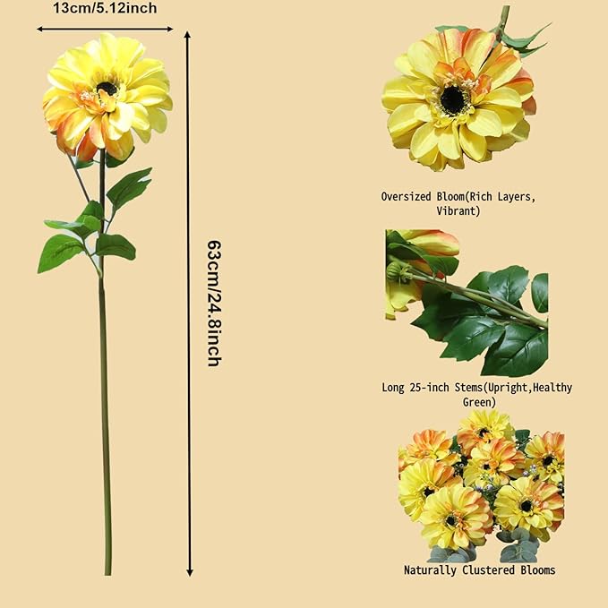 6 Pack Artificial Chrysanthemum Silk Flowers Zinnia Flowers,24'in Long Stem Fake Flower,Suitable for Wedding Decoration Bouquets,Fall Decor,Home Decor (Yellow-Orange Mix)