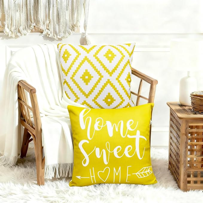 Decorative Throw Pillow Covers 18x18 inch Set of 4 Yellow Pillow Covers for Couch Sofa Bed Living Room,Farmhouse Outdoor Throw Pillow Cover,Modern Geometric Linen Square Throw Pillow Cases