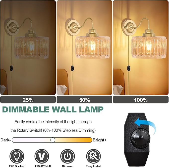 Vintage Plug in Wall Sconces,Dimmable Wall Sconces of Two,Wall Lamps with Plug in Cord & Flower Glass Lampshade,Gold Sconces Wall Decor Set of 2 Wall Lights Sconces for Bedroom