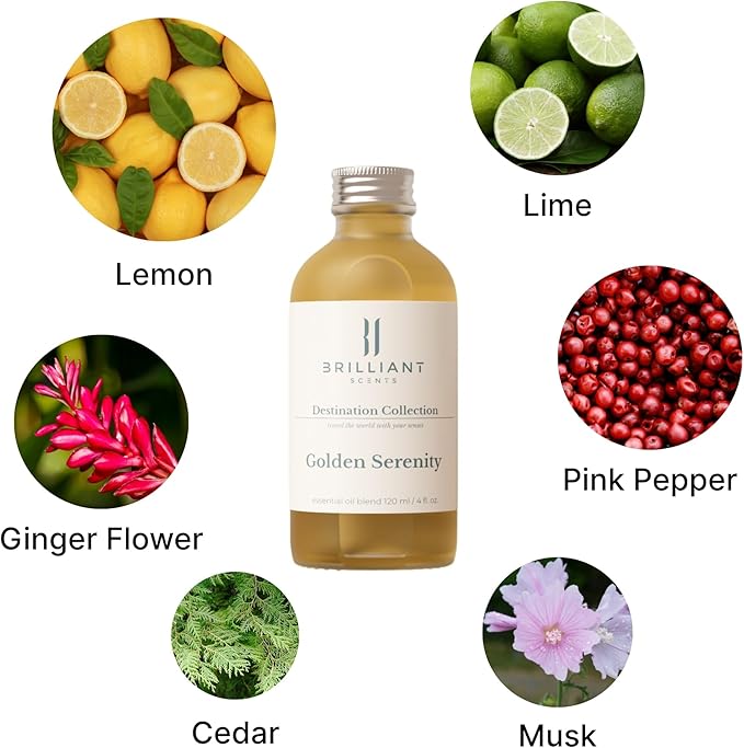 Brilliant Scents Golden Serenity Fragrance Oil 200ml - Premium Diffuser Oil for Home, Office, Hotels - Long Lasting, Plant-Based, Meets IFRA Standards, USA-Made - Mandarin, Tea Rose, Musk