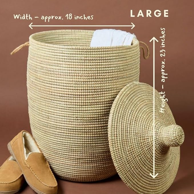 Small Natural Beige Decorative Woven Wicker Basket Hamper - Organize Laundry, Toys, Blankets, Pillows, Clothes, Towels - Storage Bins for Home, Baby Nursery, Living Room, Bedroom, Bathroom