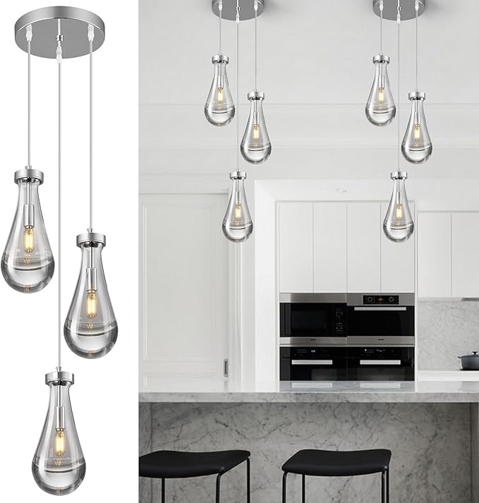 Raindrop Pendant Lights Kitchen Island Teardrop Chrome Hanging Light Fixtures Clear Solid Glass Pendant Light Modern Chandeliers for Dining Room Porch Corridor Living Room(3-Light)