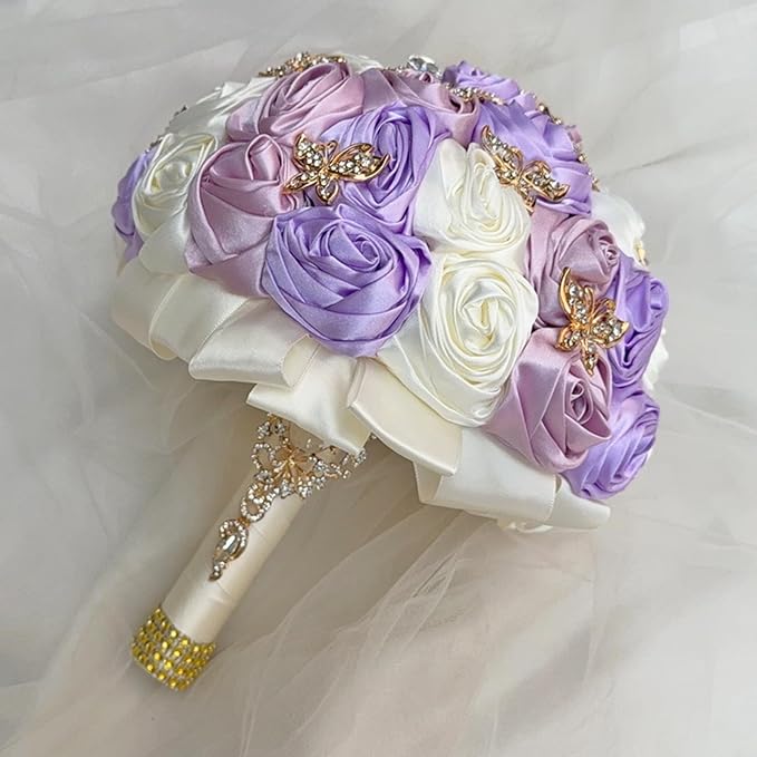 Handmade Floral Satin Rose Butterfly Shape Rhinestone Bridal Bouquet Luxury Golden Rhinestone Artificial Flowers for Wedding