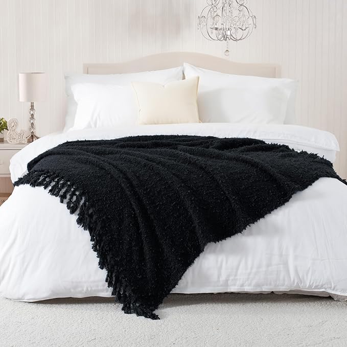 Knit Throw Blanket Fluffy Fuzzy Soft Lightweight Cozy Farmhouse Tassels Chunky Knitted Throws for Couch Sofa Bed (Black, 60"x80")