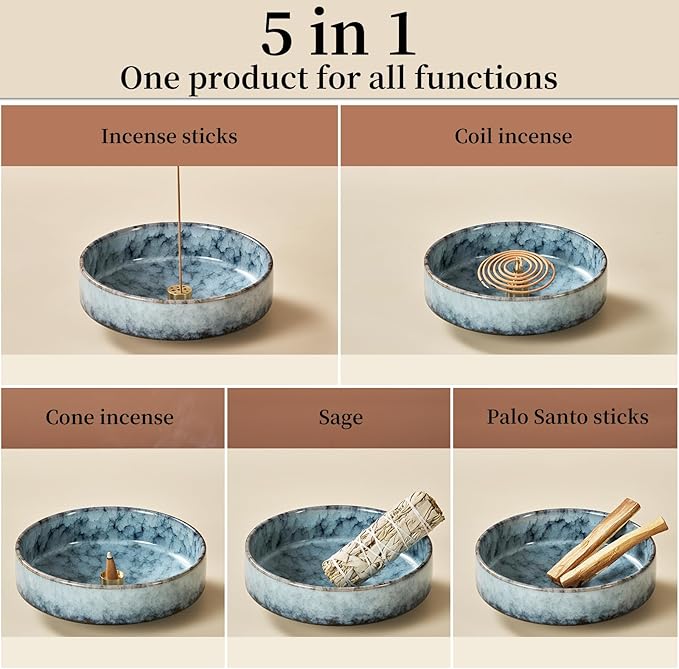 5.9" Ceramic Incense Holder with 10 Holes,5in1 Incense Tray for Sticks,Coil,Cone,Sage,Palo Santo,Handcrafted Burner Ash Catcher Smudge Bowl for Yoga Meditation Energy Cleansing Room Décor,Blue