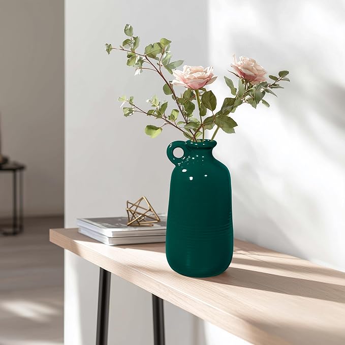 Sunddo Green Ceramic Vase 10 Inch - Modern Decorative Vase with 1 Handle, Table, Shelf Bookshelf,Mantel,Entryway Decor and Centerpieces