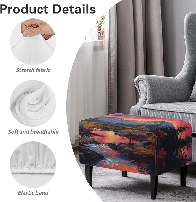 Mountain Oil Painting Ultra Soft Stretch Ottoman Cover Rectangular Ottoman Slipcover with Nonslip Elastic Band Foldable Portable Footrest Stool Cover for Travel Office Home Decor