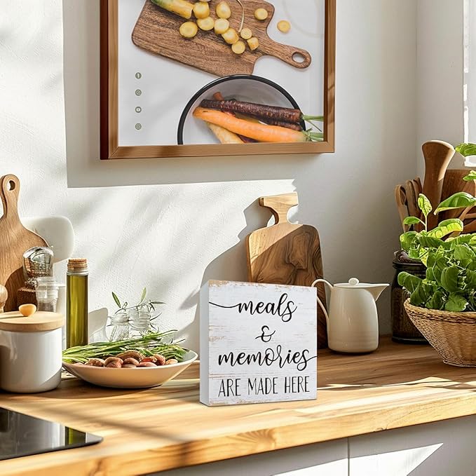 Kitchen Wood Sign, Meals and Memories are Made Here Sign, Decorative Signs and Plaques, White Wooden Box Signs, Warm Home Decor, Dining Room Decors, Desk Decor Art, Housewarming Gift