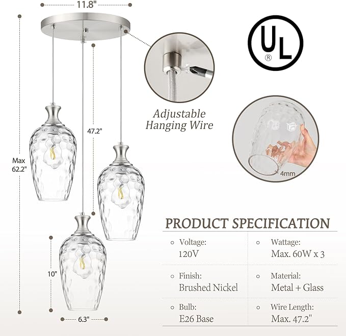 3-Light Pendant Lighting, Modern Brushed Nickel Dining Room Chandelier Light Fixture Over Table with Hammered Glass, Brass Cluster Hanging Lights for Kitchen Island Dining Room Bedroom, E26