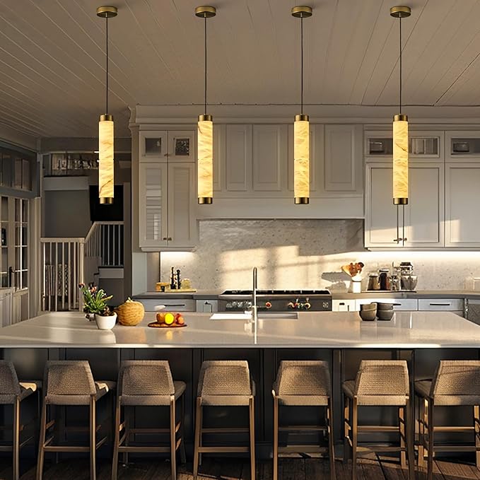 20" Natural Alabaster Pendant Light, Marble Cylinder Brass Pendant Lights, Natural Adjustable Modern Ceiling Light Fixtures for Kitchen Island, Dining Room, Bedroom, Bathroom, Living Room