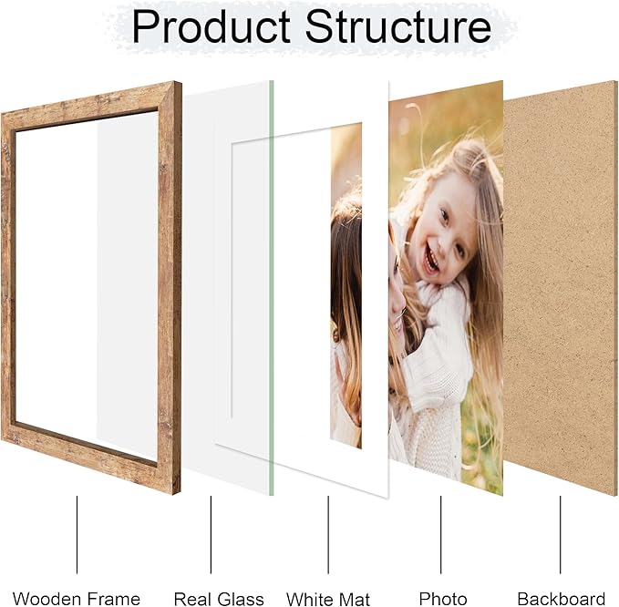 10x14 Picture Frame Set of 2, 10 x 14 Wood Photo Frames with Mat for 8x12, Natural Wooden Frame with Real Glass Cover for Wall and Tabletop Display,Brown