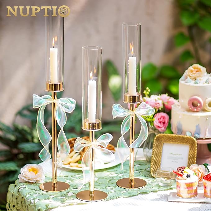 NUPTIO Candle Holders for Table Centerpiece: 18 Pcs 23.6 & 21.7 & 19.7 in Tall Gold Hurricane Candlesticks Holder with Glass Cylinder Cover Bulk Taper Candles Sticks Stand for Thanksgiving Party Decor