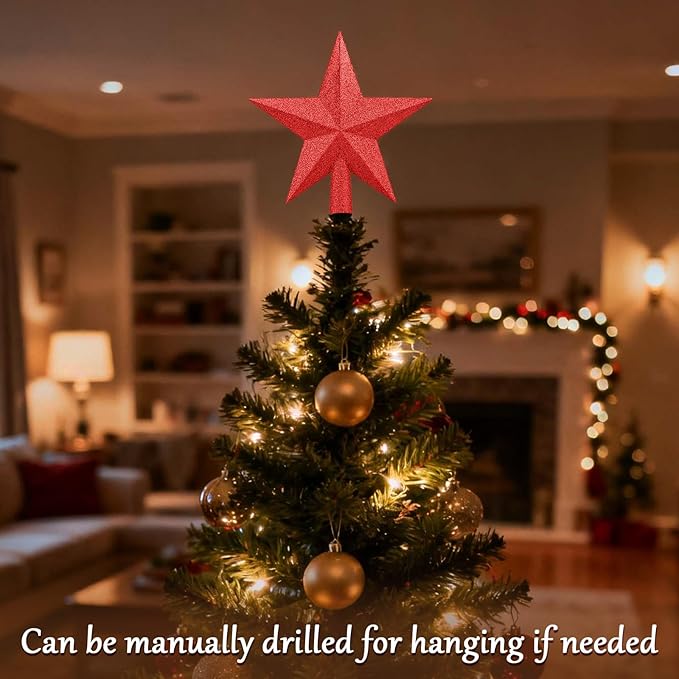Christmas Tree Topper 10 Inch,Glitter Christmas Ornaments Star Xmas Decoration on Tree for Holiday Ornament or Home Decor(Red)