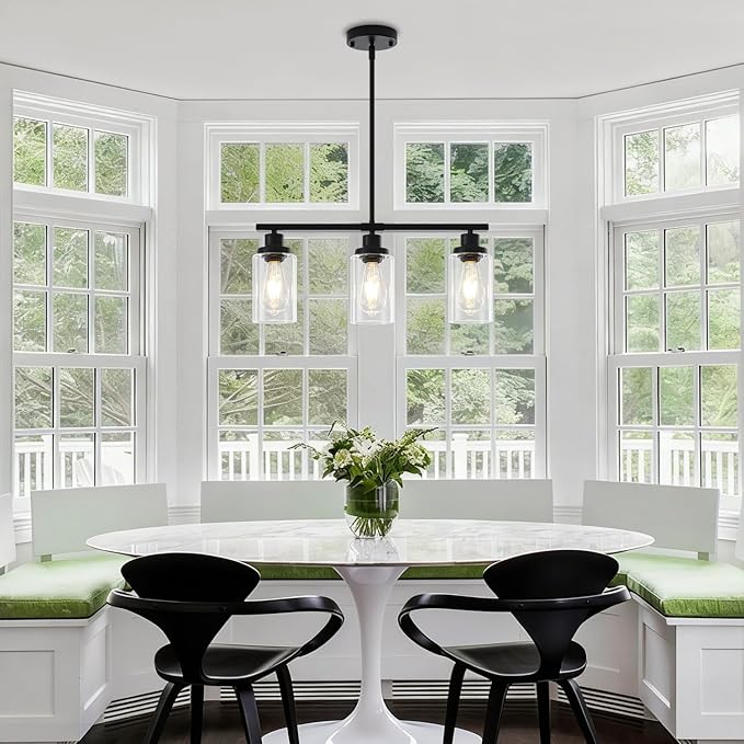 Modern Island Lights for Kitchen Black Dining Room Light Fixtures Over Table 3-Light Farmhouse Linear Chandelier Clear Glass Kitchen Lights Ceiling Adjustable Hanging Pendant Lighting Over Island