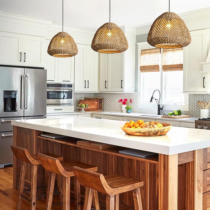 Rattan Pendant Light,15" Rustic Hand-Woven Boho Wicker Hanging Light Water Plants Rattan Chandelier for Kitchen Farmhouse Dining Living Bedroom Gazebo