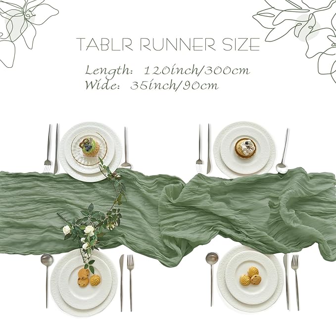IVAPUPU 6 Pcs Cheesecloth Table Runner - 10ft Sage Green Boho Gauze Cheese Cloth Table Runners for Baby Shower Decoration Wedding Party Summer Garden Farmhouse