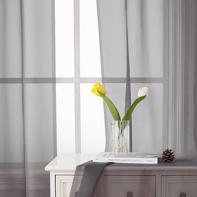 Lecloud Grey Sheer Curtains 63 Inch Long 2 Panels, Elegant Voile Drapes for Dinning Small Windows, Light Filtering Voile Curtain for Living Room Bedroom Bathroom, Dual Rod Pocket, 40" Wx63 L