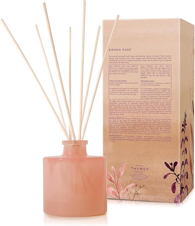 Thymes Petite Reed Diffuser Set – Includes Rattan Wood Sticks, Fragrance Oil, & Glass Bottle – Home Fragrance Oil Diffuser – Luxury Home Decor – Bedroom Decor (Sienna Sage, 4 fl oz)