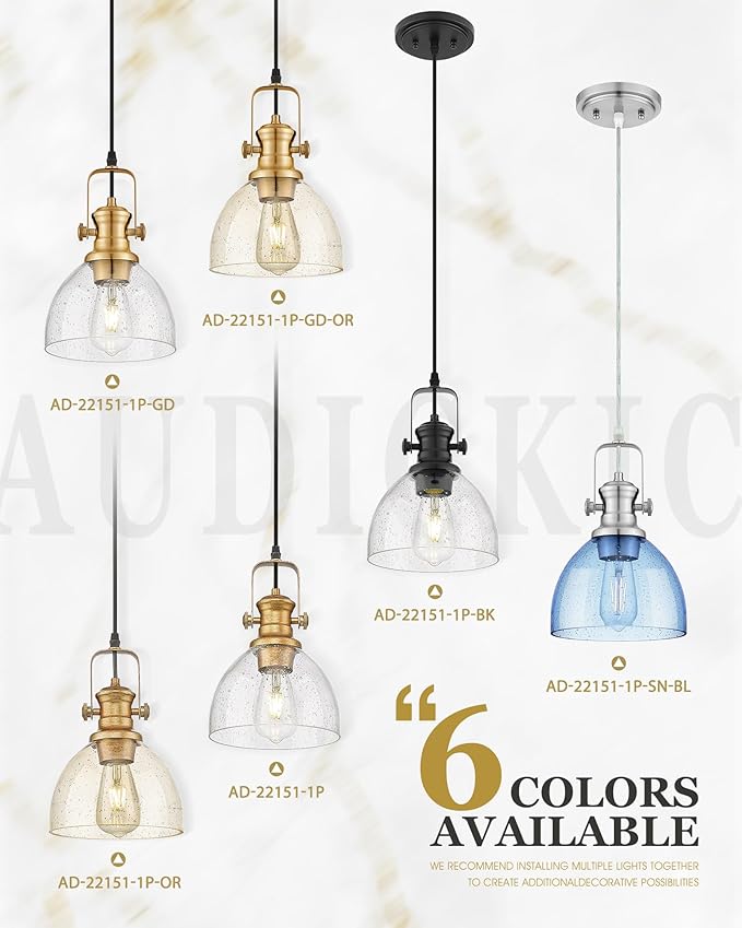2 Pack Pendant Lights Kitchen Island, 7.5" Farmhouse Pendant Lighting with Blue Seeded Glass Shade, Vintage Hanging Light Fixtures for Dining Room, Brushed Nickel Finish, AD-22151-1P2-SN-BL