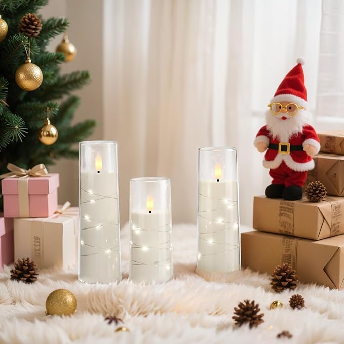 Raycare Flameless Candle with Remote Timer – 5 Flickering Acrylic Battery Operated LED Pillar Candles with Embedded Star String for Christmas, Home Decor, and as a Gift(White)