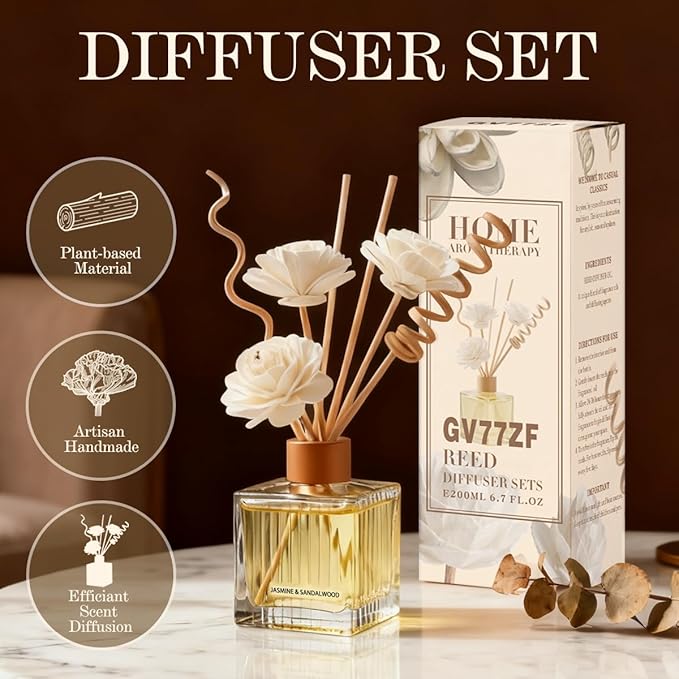 Ocean Breeze Reed Diffuser Set - 6.7 oz Glass Bottle with 4 Rattan Sticks, 3 Dried Flowers | Adjustable, Long-Lasting Scent for Home, Bedroom, Living Room, Office, Bathroom | Aromatherapy Gift Set