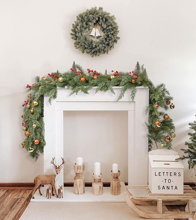 Pine Christmas Garland, 6FT Christmas Greenery Garland, Realistic Cedar Leaves Cypress Garland for Holiday Mantel Fireplace Table Centerpiece Decoration