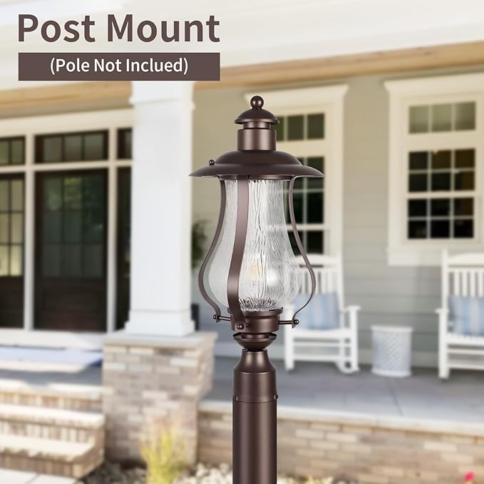 Treekee Outdoor Post Light Fixture, Vintage Brown Pole Lantern with Wood Grain Glass, Farmhouse Exterior Post Lamp with E26 Socket for Garden, Pathway, Patio, Porch, Courtyard, Driveway, Street