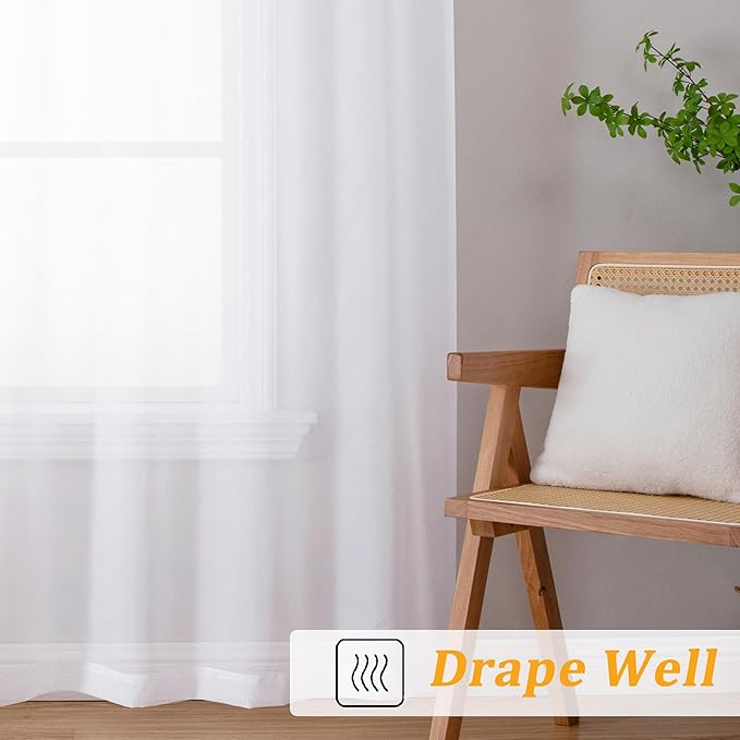 Gwine White Sheer Curtains 108 Inches Long for Living Room 2 Panels Set, Light Filtering Extra Long White Sheer Curtains, Lightweight Filmy Voile Rod Pocket Window Drapes, 59W x 108L, 2 PCS, 9ft