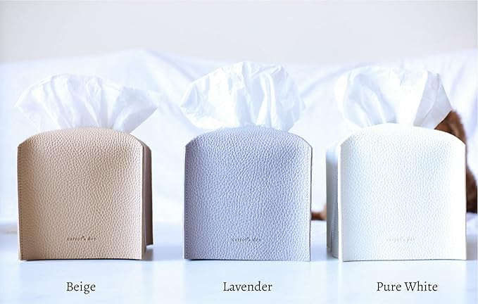 Tissue Box Cover Holder, Square with Bottom Belt by Carrot's Den - PU Leather Decorative Organizer for Tabletop, Bathroom, Car, Office | Pure White