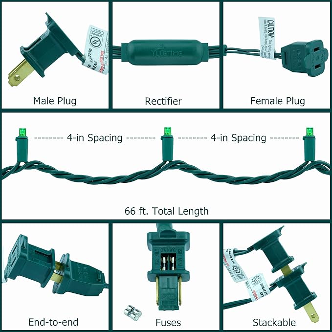 YULETIME 200 Green Wide Angle LED Christmas Lights, 66 Feet Green Wire UL Certified 5mm Holiday String Light Set (Green)