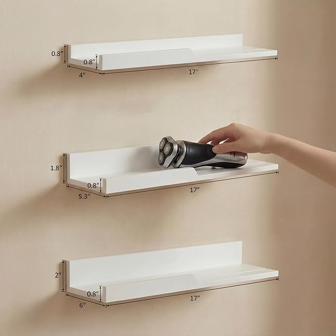 Floating Shelves Wall Mounted Set of 3 - Rustic Paulownia Wood with Anti-Fall Edge, Lightweight Decorative Display Shelf, Easy Install - Farmhouse Decor for Bathroom Bedroom Kitchen (17", White)