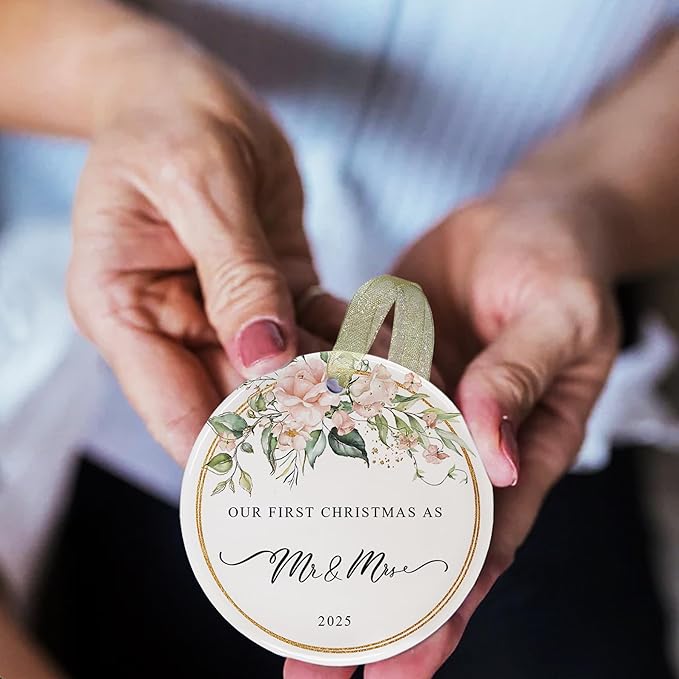 First Christmas as Mr and Mrs Ornament 2025,1st Year Wedding Ornament for Newlywed,Our First Married Christmas Ornament,Ceramic Hanging Decoration for Couples Just Married with Gift Box&Ribbon 2.9"
