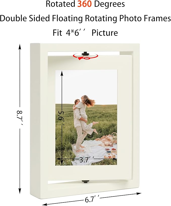 4x6 Double-Sided Rotating Floating Picture Frames (2 Pack, White), Solid Pine Wood with Real Glass for Horizontal Vertical Standing Display Desk Tabletop Photo Frames
