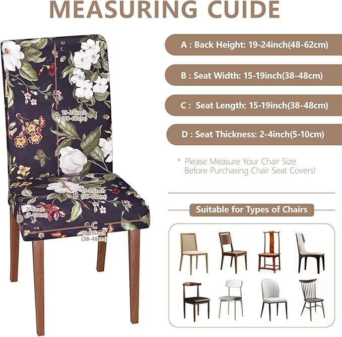 Stretch Dining Chair Covers Set of 6,Floral Print Chair Covers,Soft Removable Washable,Pet Friendly Furniture Protector,Universal Chair Slipcovers for Home, Kitchen,Ceremony Dining Room Seat