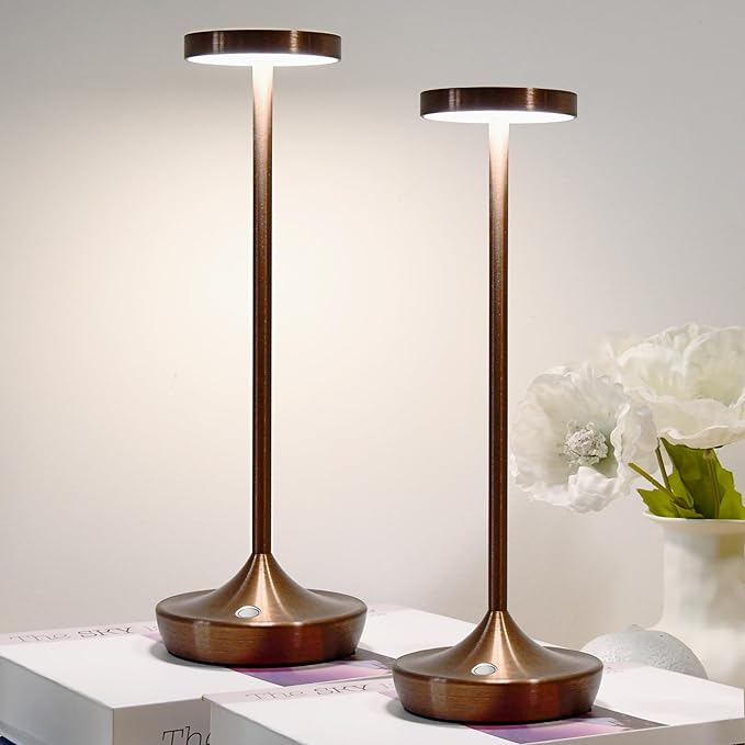 2 Pack LED Cordless Table Lamp Rechargeable，Outdoor Battery Operated Desk Lamp Touch 3 Color Dimming Portable Waterproof Night Light for Patio/Restaurant/Dining/Home (Coffee Brown)