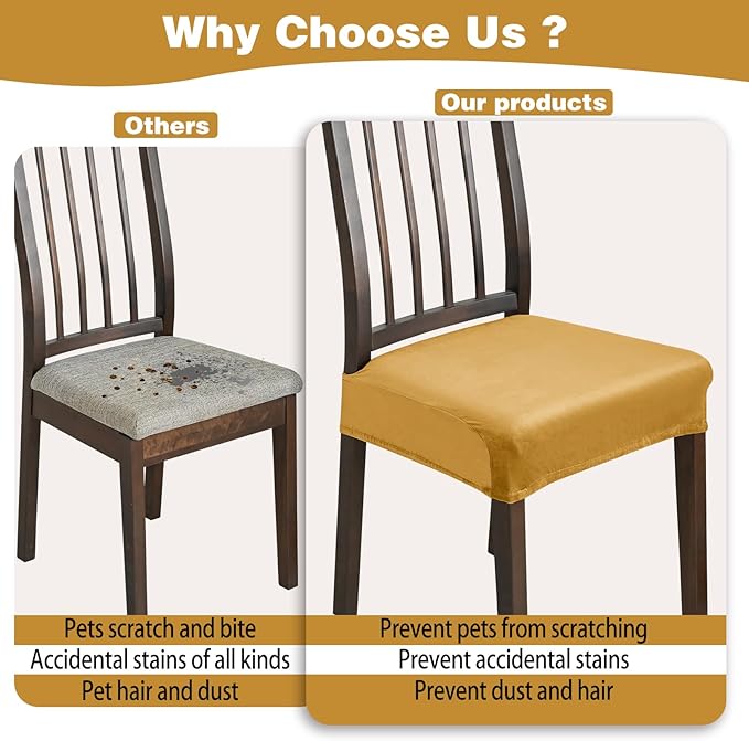 Dining Chair Seat Covers Set of 6, Stretch Velvet Chair Seat Slipcovers Protector, Removable Washable Kitchen Chair Covers for Dining Room Chairs (Set of 6, Mustard)