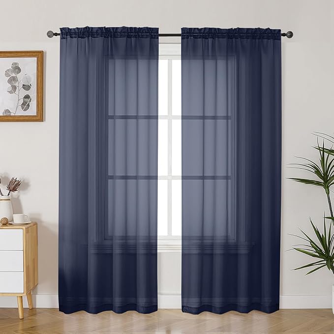 Gwine Navy Blue Sheer Curtains 72 Inches Long 2 Panels Set for Front Door, Light Filtering Sheer Curtains for Living Room, Lightweight Rod Pocket Window Treatments Drapes, Each 42" Wx72 L