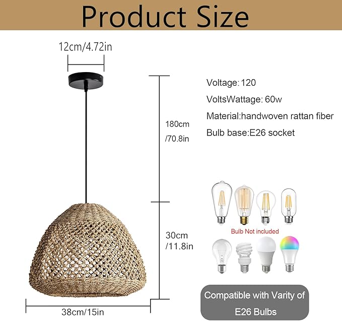 Rattan Pendant Light,15" Rustic Hand-Woven Boho Wicker Hanging Light Water Plants Rattan Chandelier for Kitchen Farmhouse Dining Living Bedroom Gazebo