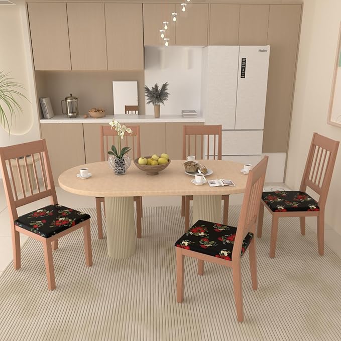 Stretch Dining Chair Seat Covers Set of 8,Dining Chair Slipcovers, Floral Printed Chair Covers,Soft Fabric Washable Upholstered Chair Seat Protector, No Rear Covers for Home Kitchen Dining Room