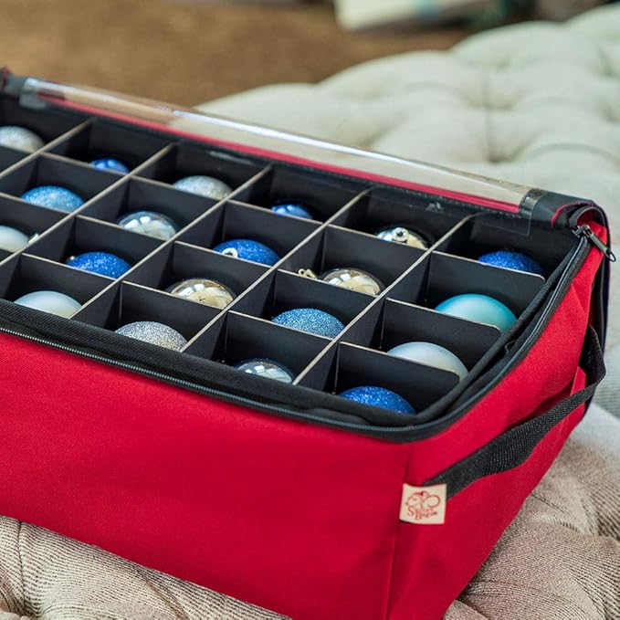 [Red Christmas Ornament Storage Box with Dividers] - (Holds 48 Ornaments up to 3 Inches in Diameter) | Acid-Free Removable Trays with Separators | Clear Window to Easily See Storage Bags Contents