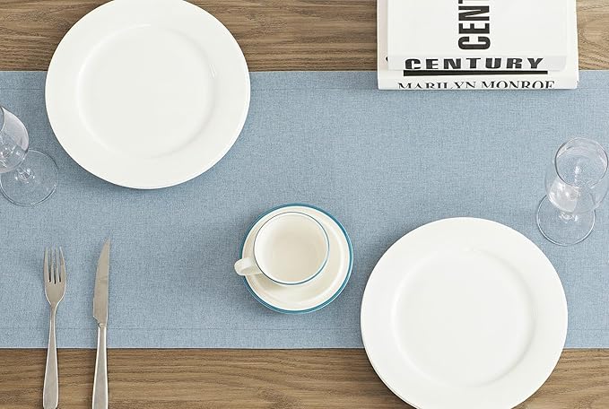 ZeeMart Basic Linen Style Table Runner, 14 x 108 Inch Blue Chambray, Rustic Farmhouse Light Dusty Blue Table Runners 108 Inches Long, Everyday Polyester Table Runner - Machine Washable & Easy Care
