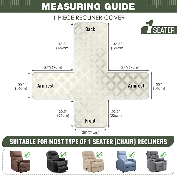 TAOCOCO Waterproof Recliner Chair Cover, Non Slip Oversized Recliner Covers for Recliner Chair with Pocket, Reclining Chair Cover Furniture Protector for Kids, Dogs(28'', Bean Green)
